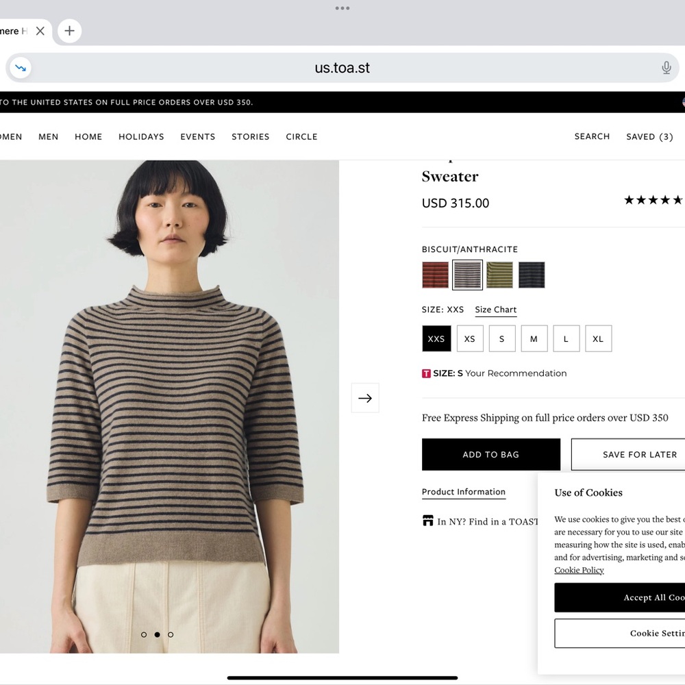 NWOT. TOAST Stripe Wool Cashmere Half Sleeve Swester